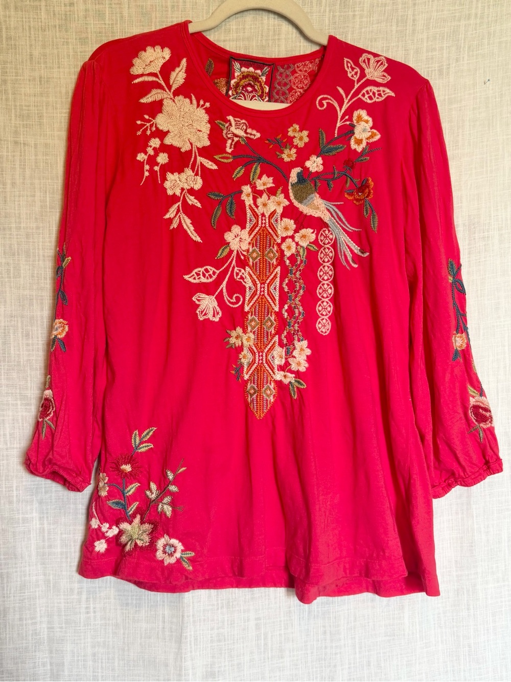 Johnny Was Ellia Fuchsia Embroidered Bird Floral Tunic Boho Cottagecore M - Picture 3 of 15